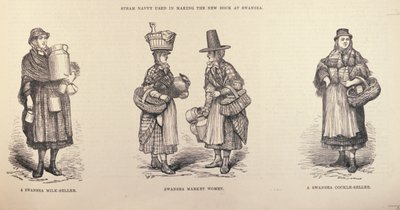 「The Illustrated London News」（1881年10月22日）のスウォンジーミルクセラー、スウォンジーマーケットウーマン、スウォンジーコックルセラー 作： English School